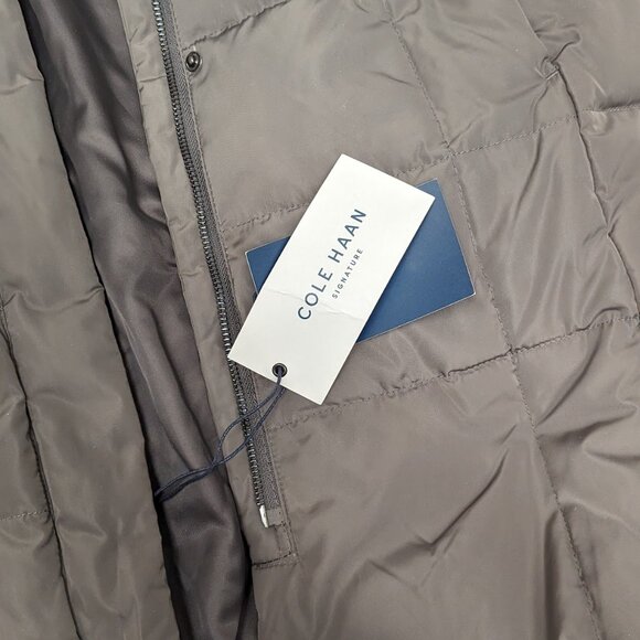 NWT New Cole Haan Long Puffer Zip bib Hooded Down Coat Carbon Grey Large - Picture 2 of 7